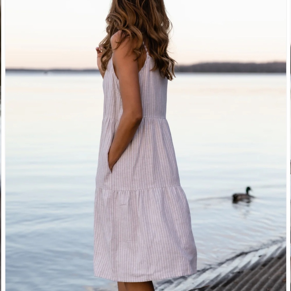 Lena Tiered Linen Dress in Beige and White Stripe Sz L handmade fair trade - Picture 2 of 7